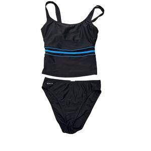 Speedo Women's Tankini Top High-Cut Bikini Bottom Set, Black Turquoise, size 8
